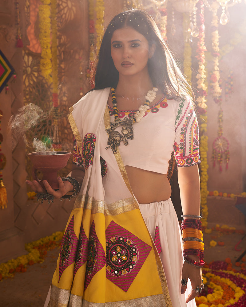 Traditional White Color Mirror Work Navratri Lehenga Choli