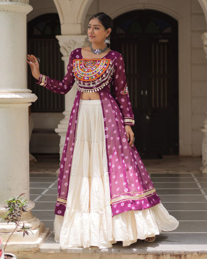 Purple Bandhani Print Gamthi Jacket Choli With Off-White Flared Lehenga