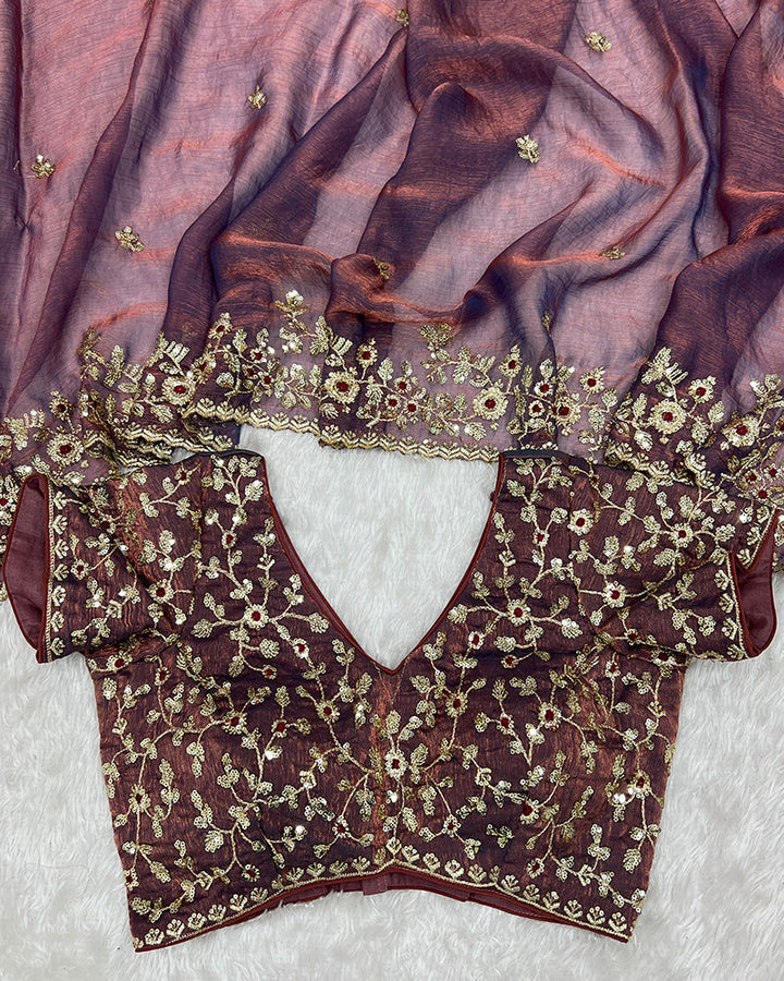 Dusty Mauve Color Fendi Chiffon Sequence Embroidered Saree