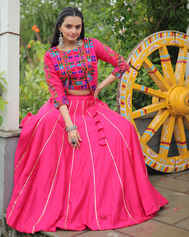 Pink Traditional Mirror Work Lehenga With Jacket Style Top