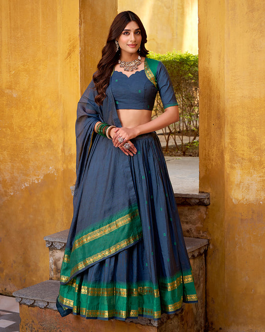 Elegant Navy Blue Chanderi Cotton Half Saree Lehenga Choli