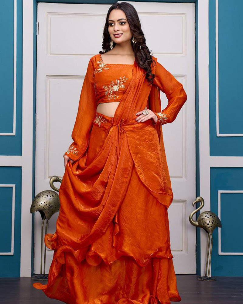 Orange Color Fendy Satin Silk Embroidered Lehenga Choli