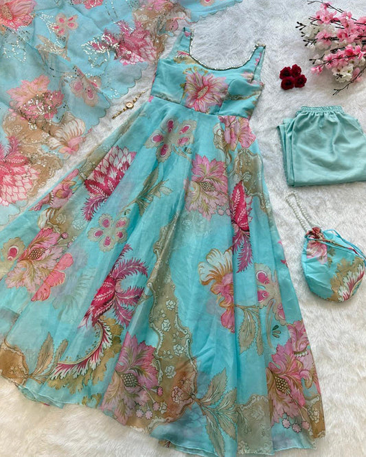 Sky Blue Color Digital Printed Soft Organza Anarkali Suit