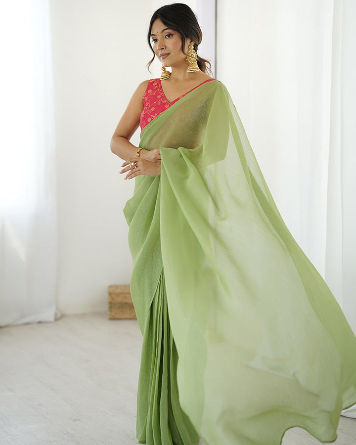 Pista Green Color Sparkle Silk Pre Draped Saree