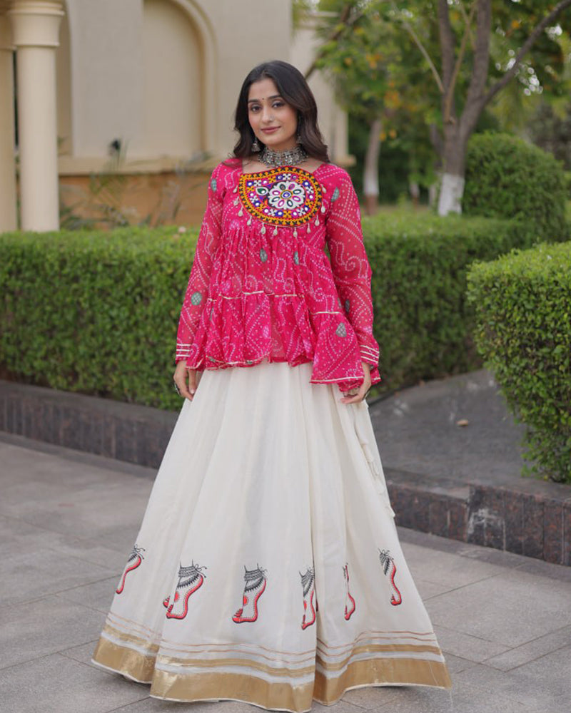 Rani Pink Color Bandhani Printed With Kora Cotton Lehenga
