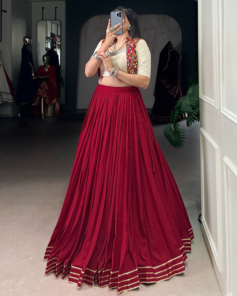 Maroon Color Rayon Gamthi Style Navratri Lehenga Choli