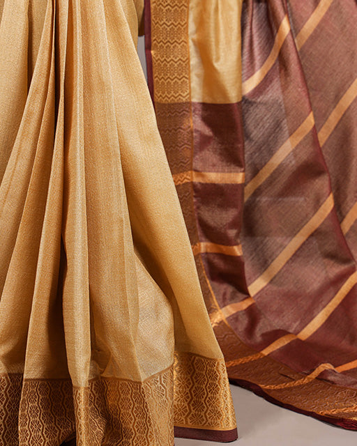 Cream Color Zari Weaving Poly Cotton Saree
