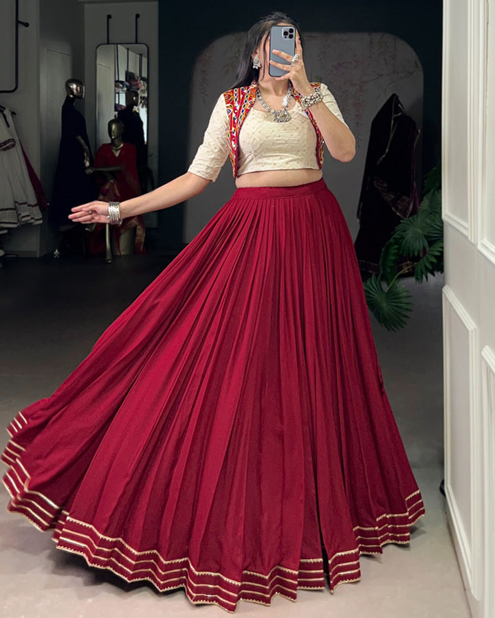Maroon Color Rayon Gamthi Style Navratri Lehenga Choli