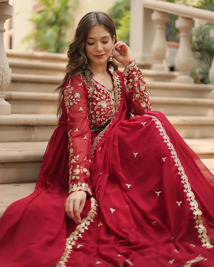 Designer Maroon Color Anarkali Gown With Embroidery Dupatta