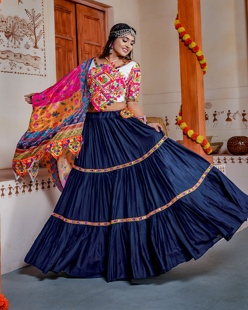 Blue Color Rayon Mirror Work Navratri Lehenga Choli