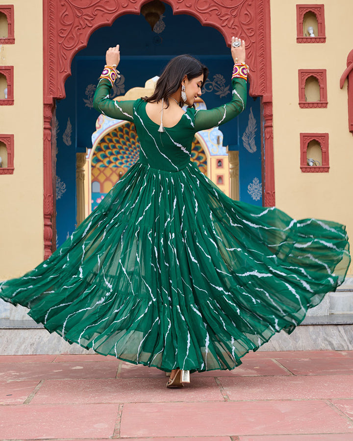 Navratri Special Green Color Faux Georgette Laheriya Print Gown
