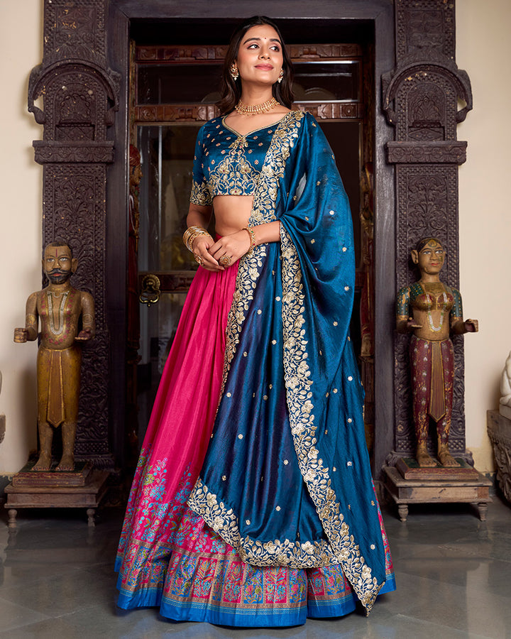 Pink Color Tussar Silk Printed Lehenga Choli