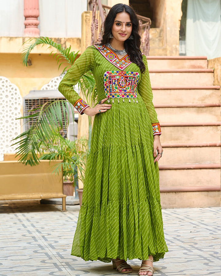 Designer Parrot Green Color Kutchi Embroidered Anarkali Gown