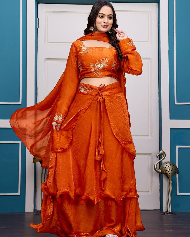 Orange Color Fendy Satin Silk Embroidered Lehenga Choli