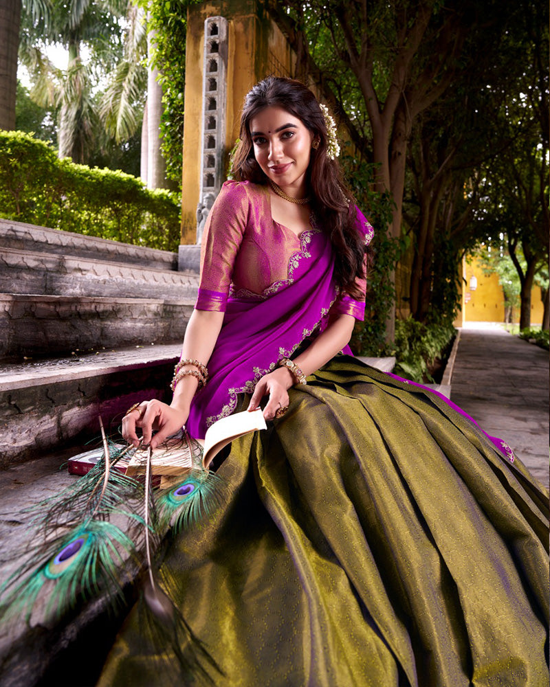 Designer Mehndi Color Kanchipuram Lehenga Choli