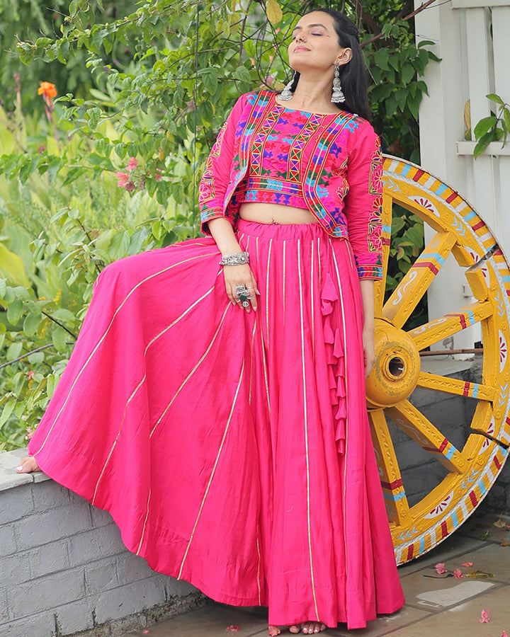 Pink Traditional Mirror Work Lehenga With Jacket Style Top