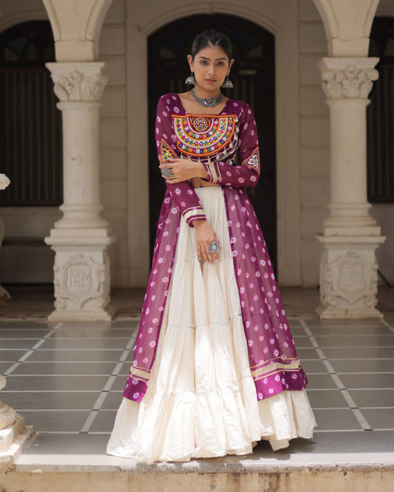 Purple Bandhani Print Gamthi Jacket Choli With Off-White Flared Lehenga