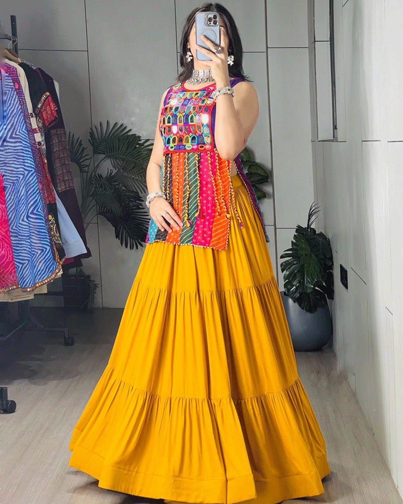 Mustard And Purple Color Rayon Cotton Navratri Lehenga Set