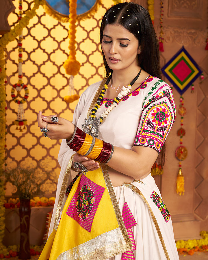 Traditional White Color Mirror Work Navratri Lehenga Choli