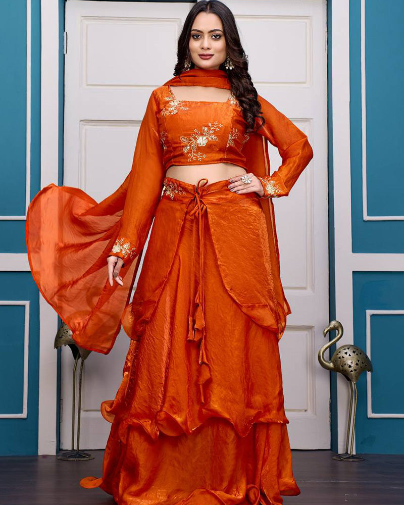 Orange Color Fendy Satin Silk Embroidered Lehenga Choli