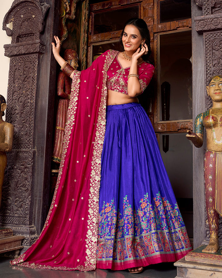 Royal Blue Color Tussar Silk Printed Lehenga Choli