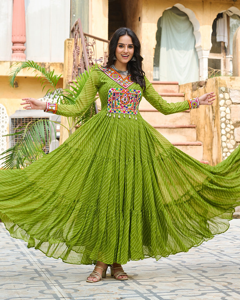 Designer Parrot Green Color Kutchi Embroidered Anarkali Gown