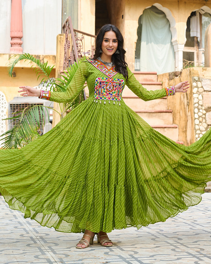 Designer Parrot Green Color Kutchi Embroidered Anarkali Gown