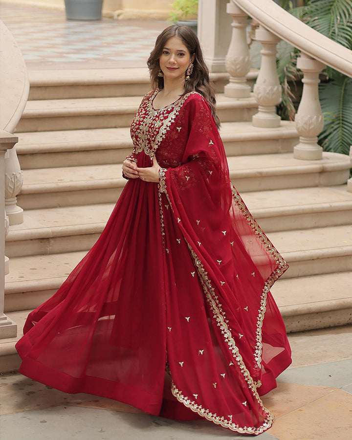 Designer Maroon Color Anarkali Gown With Embroidery Dupatta