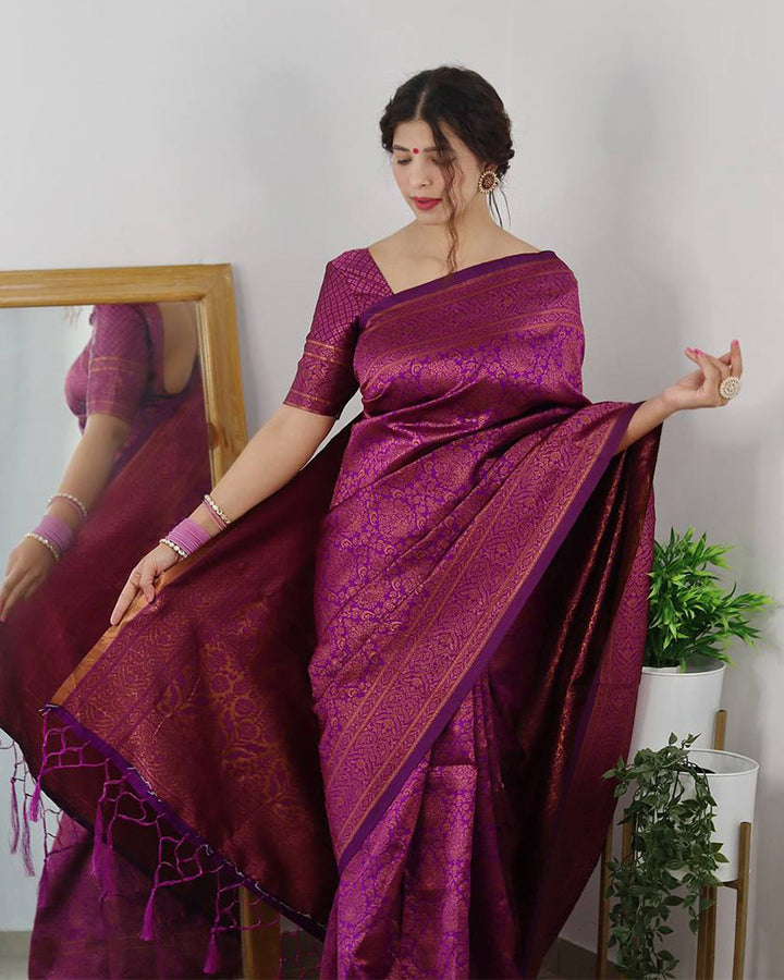 Designer Wine Color Jacquard Banarasi Silk Saree