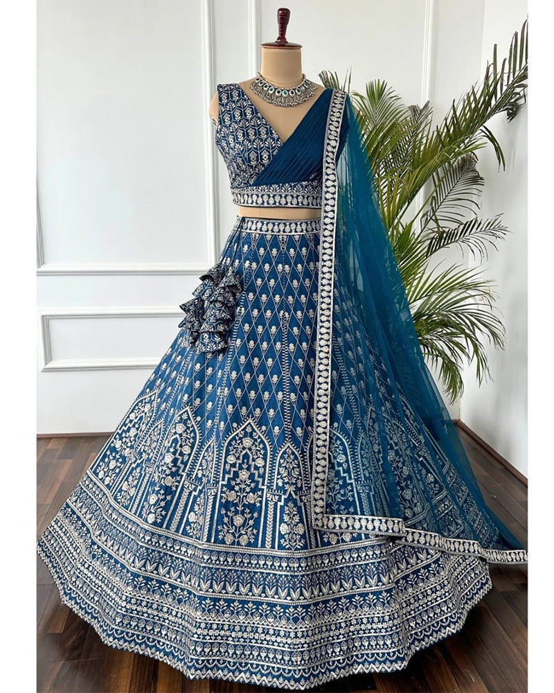 Wedding Wear Light Navy Color Georgette Embroidered Lehenga Choli