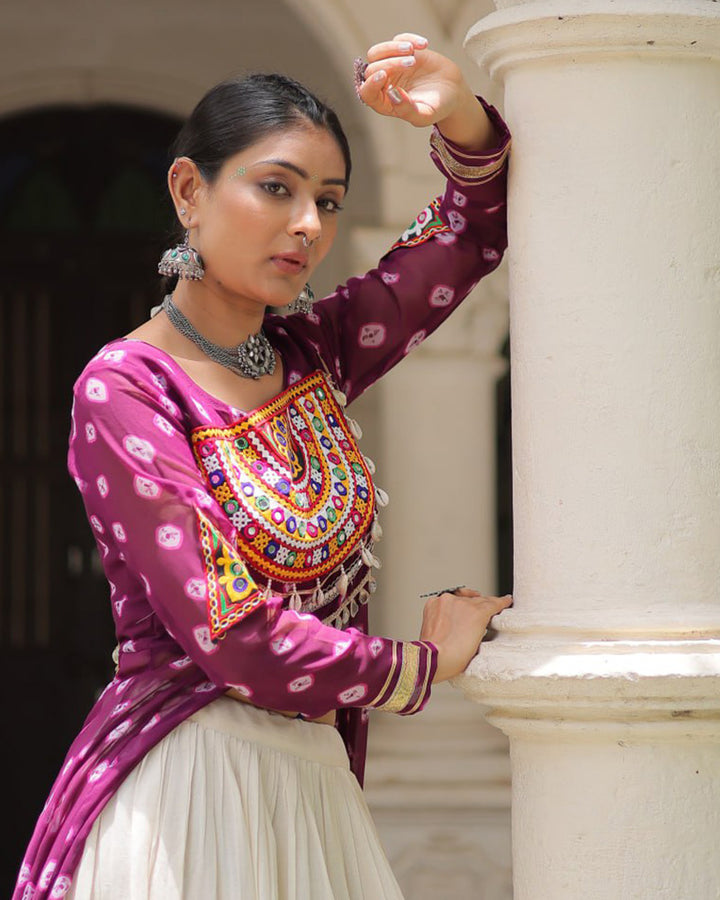 Purple Bandhani Print Gamthi Jacket Choli With Off-White Flared Lehenga