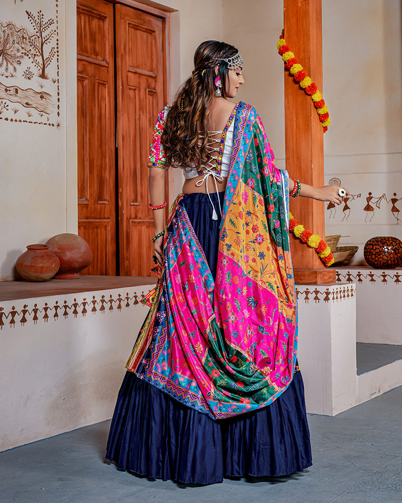 Blue Color Rayon Mirror Work Navratri Lehenga Choli