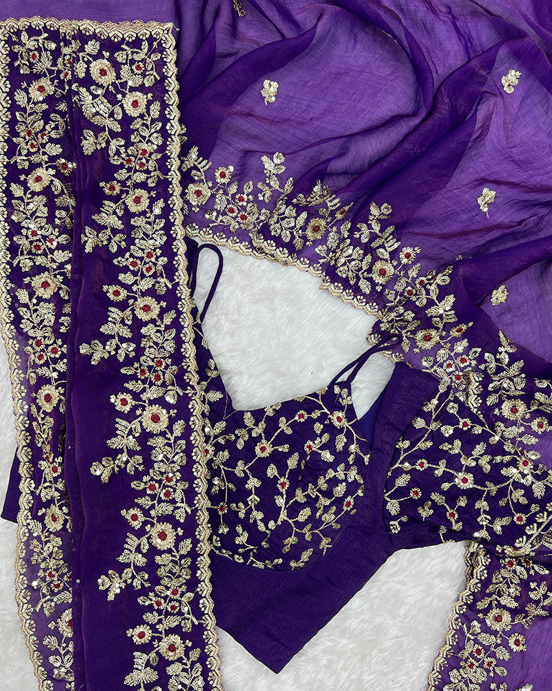 Purple Color Fendi Chiffon Sequence Embroidered Saree