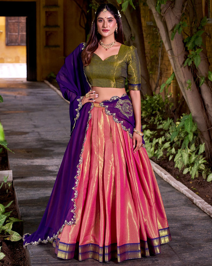 Designer Orange Color Kanchipuram Lehenga Choli