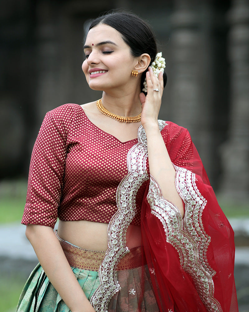 Red Color Kanjivaram Pattu Silk Designer Half Saree