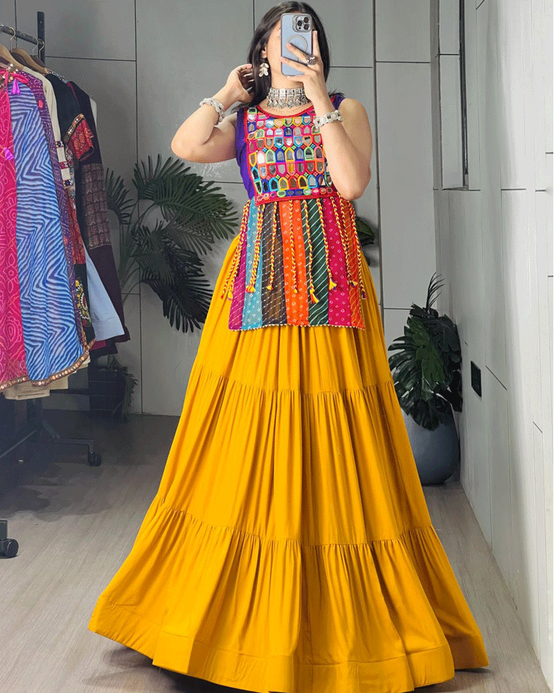Mustard And Purple Color Rayon Cotton Navratri Lehenga Set