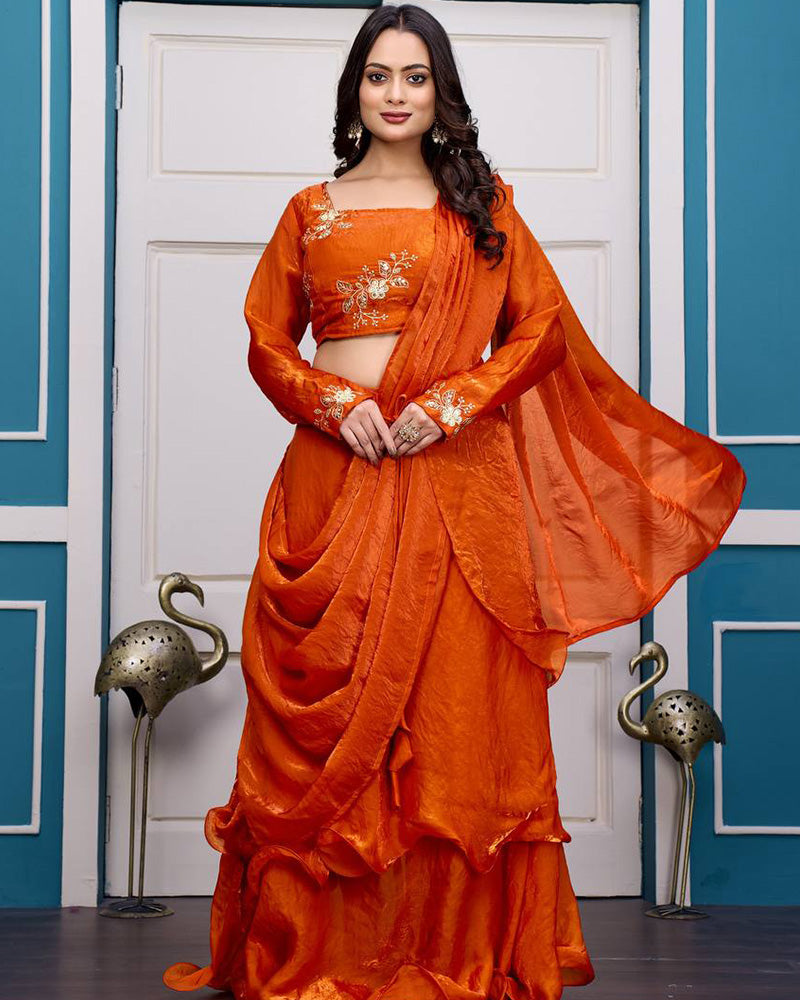 Orange Color Fendy Satin Silk Embroidered Lehenga Choli