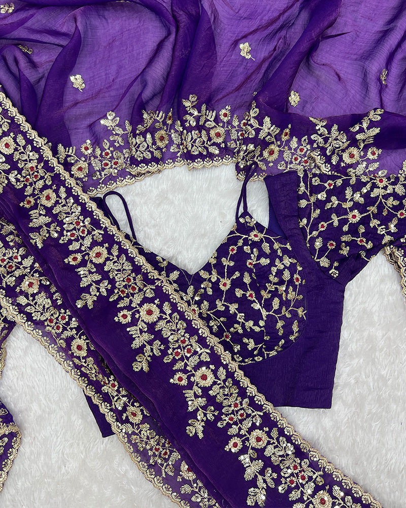 Purple Color Fendi Chiffon Sequence Embroidered Saree