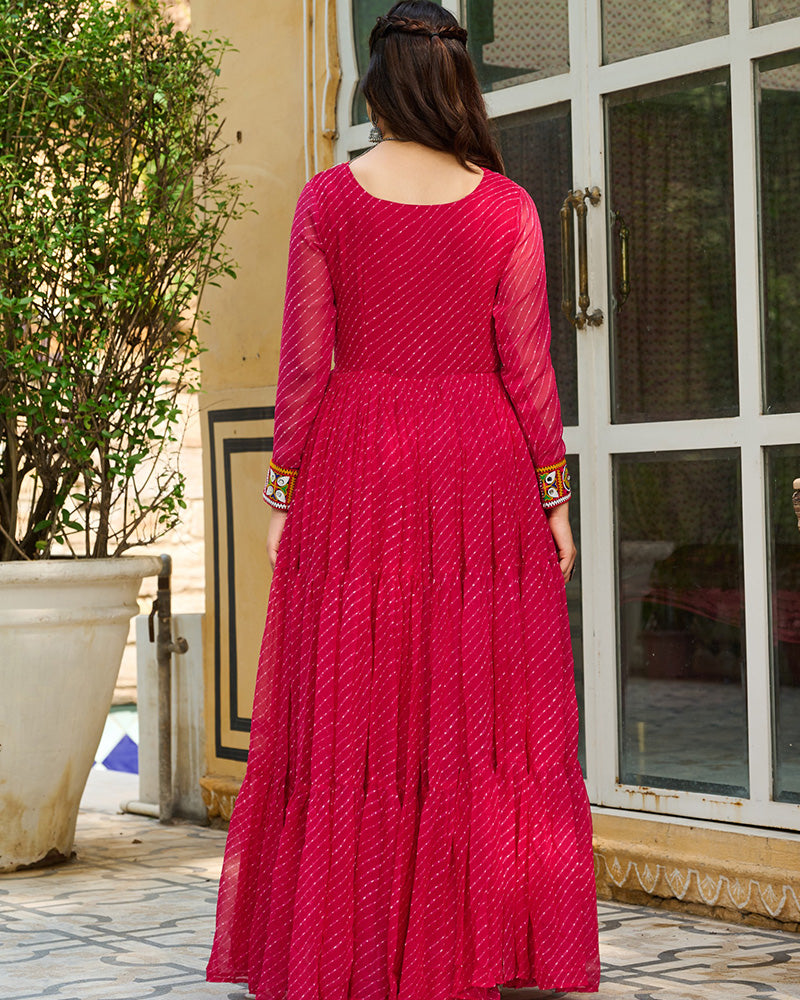 Designer Pink Color Kutchi Embroidered Anarkali Gown
