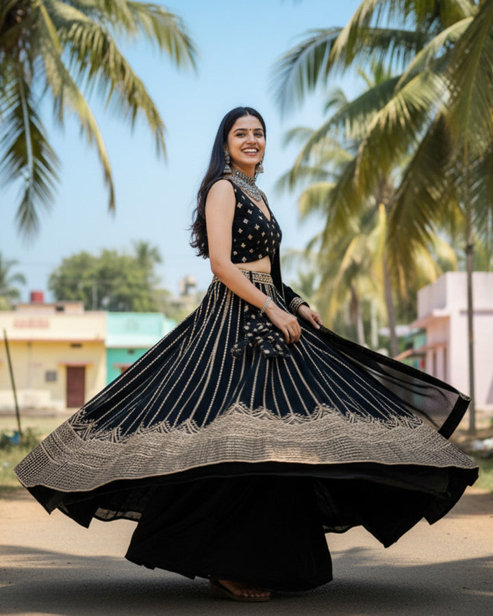 Wedding Wear Black Color Georgette Embroidered Lehenga Choli