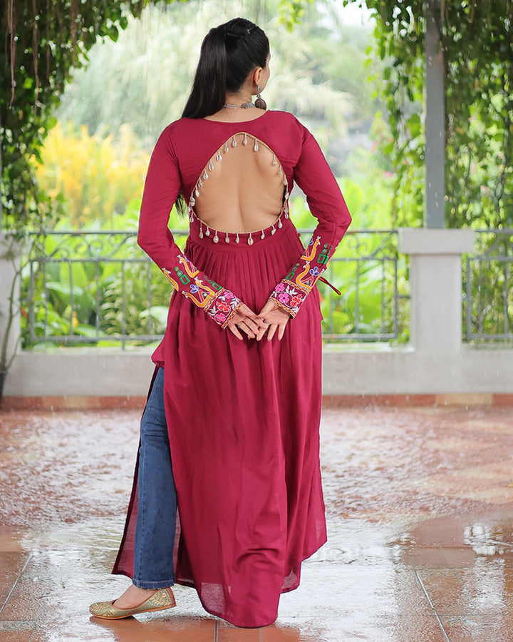 Navratri Wear Red Color Rayon Kutchi Work Kurti