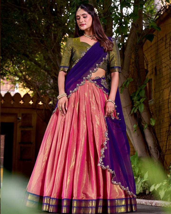 Designer Orange Color Kanchipuram Lehenga Choli