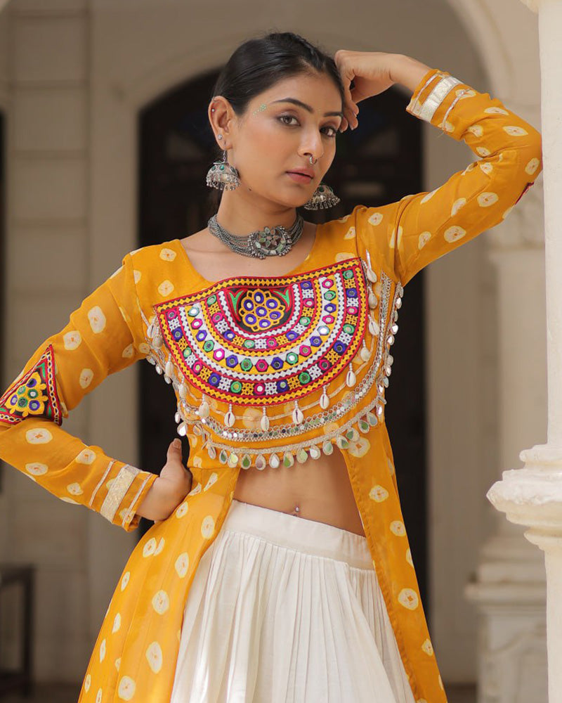 Yellow Bandhani Print Gamthi Jacket Choli With Off-White Flared Lehenga