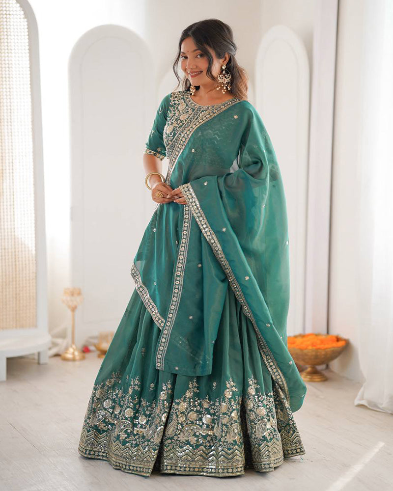 Teal Green Color Shimmer Silk Lehenga Choli