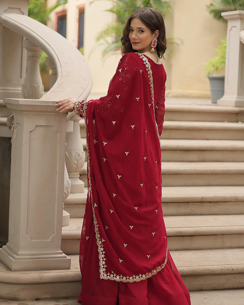 Designer Maroon Color Anarkali Gown With Embroidery Dupatta