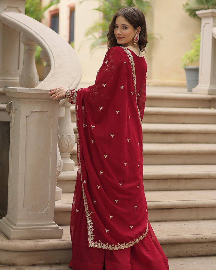 Designer Maroon Color Anarkali Gown With Embroidery Dupatta