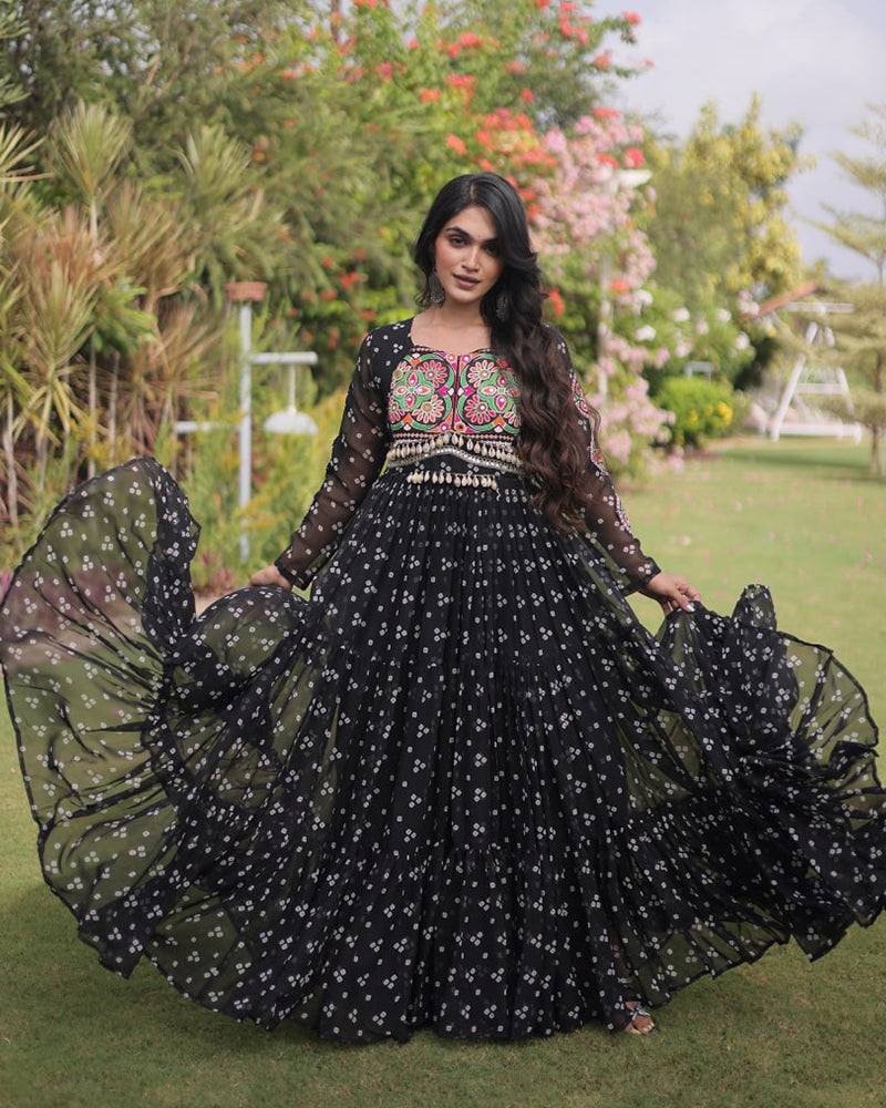 Four Color Georgette Bandhani Print Navratri Gown