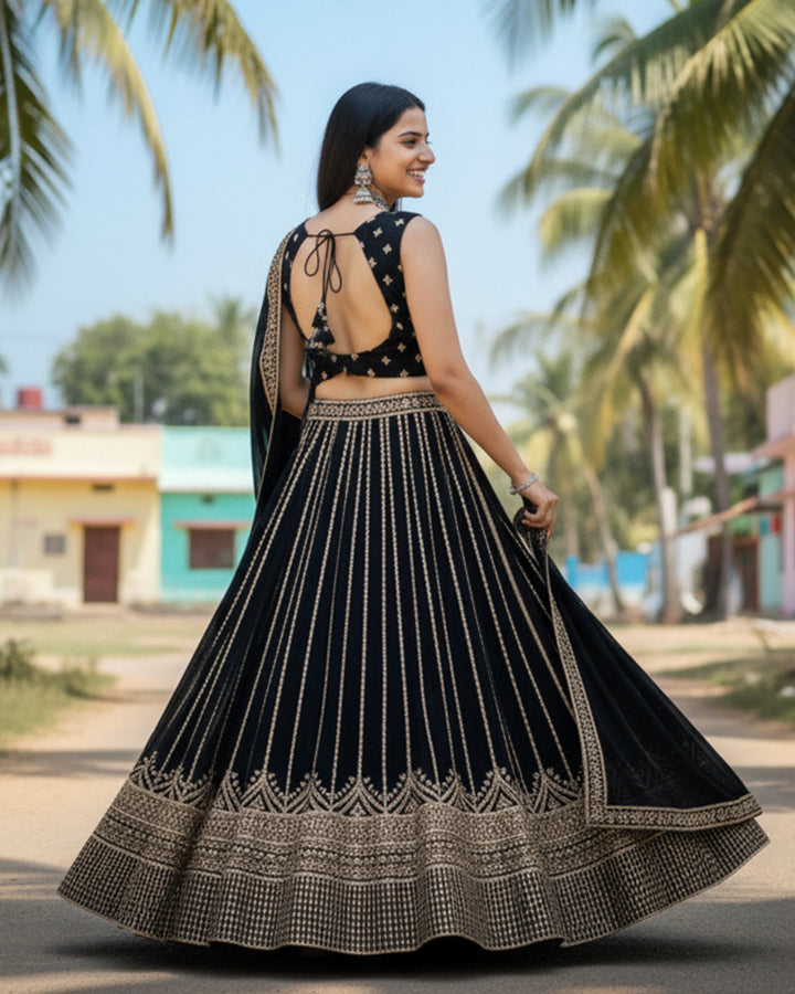 Wedding Wear Black Color Georgette Embroidered Lehenga Choli