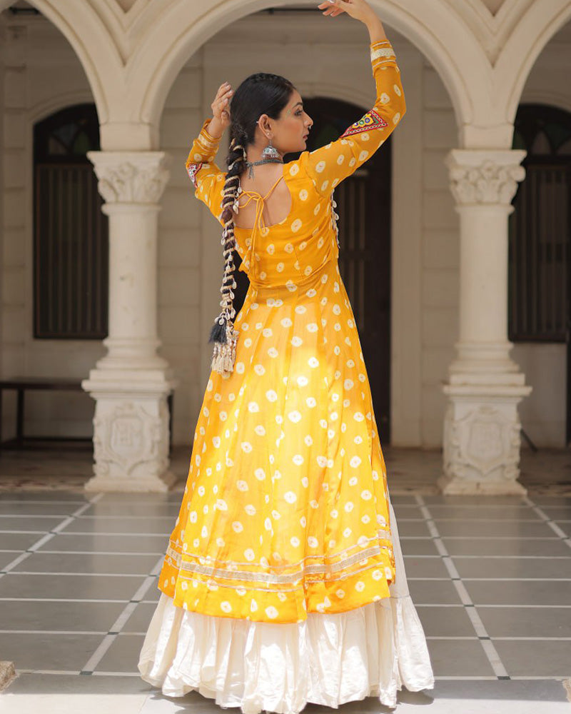 Yellow Bandhani Print Gamthi Jacket Choli With Off-White Flared Lehenga