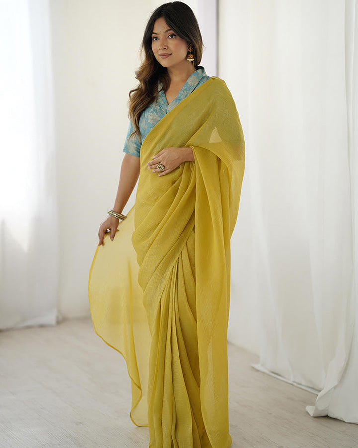 Lime Yellow Color Sparkle Silk Pre Draped Saree